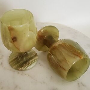 Vintage Hand carved Green Onyx Goblets Pair